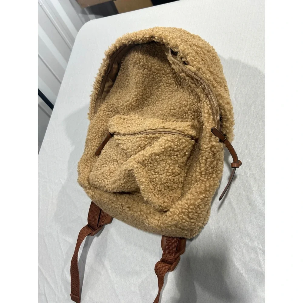 Sonoma Goods for Life Tan Sherpa Fleece‎ Backpack Faux Leather Trim Brown Bag